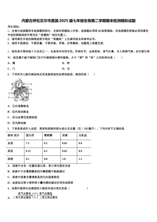 内蒙古呼伦贝尔市莫旗2025届七年级生物第二学期期末检测模拟试题含解析