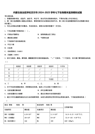 内蒙古自治区呼伦贝尔市2024-2025学年七下生物期末监测模拟试题含解析