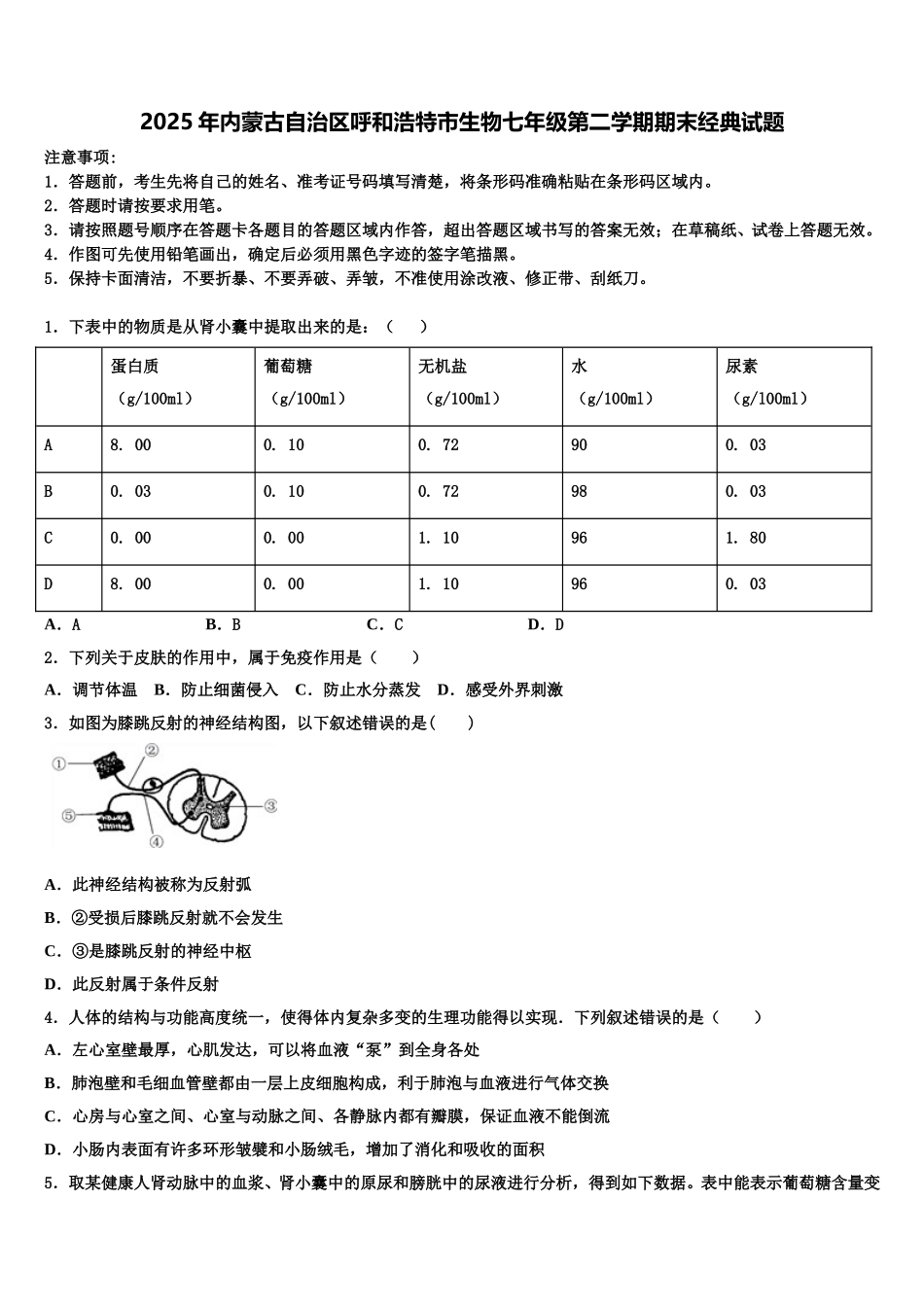 2025年内蒙古自治区呼和浩特市生物七年级第二学期期末经典试题含解析_第1页