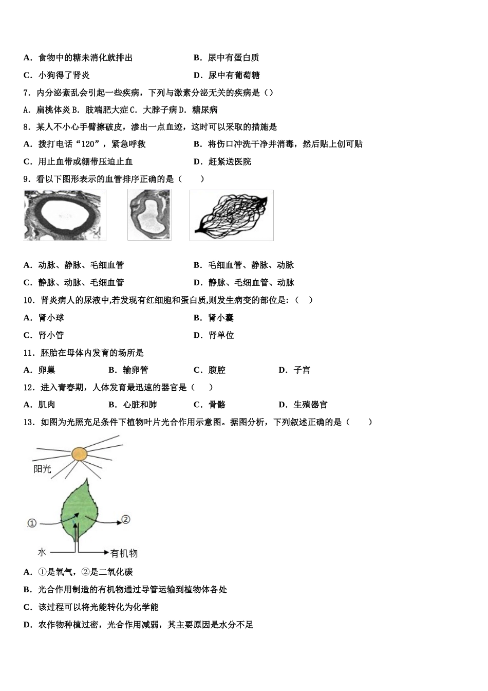 2025届内蒙古呼和浩特开来中学生物七下期末达标测试试题含解析_第2页