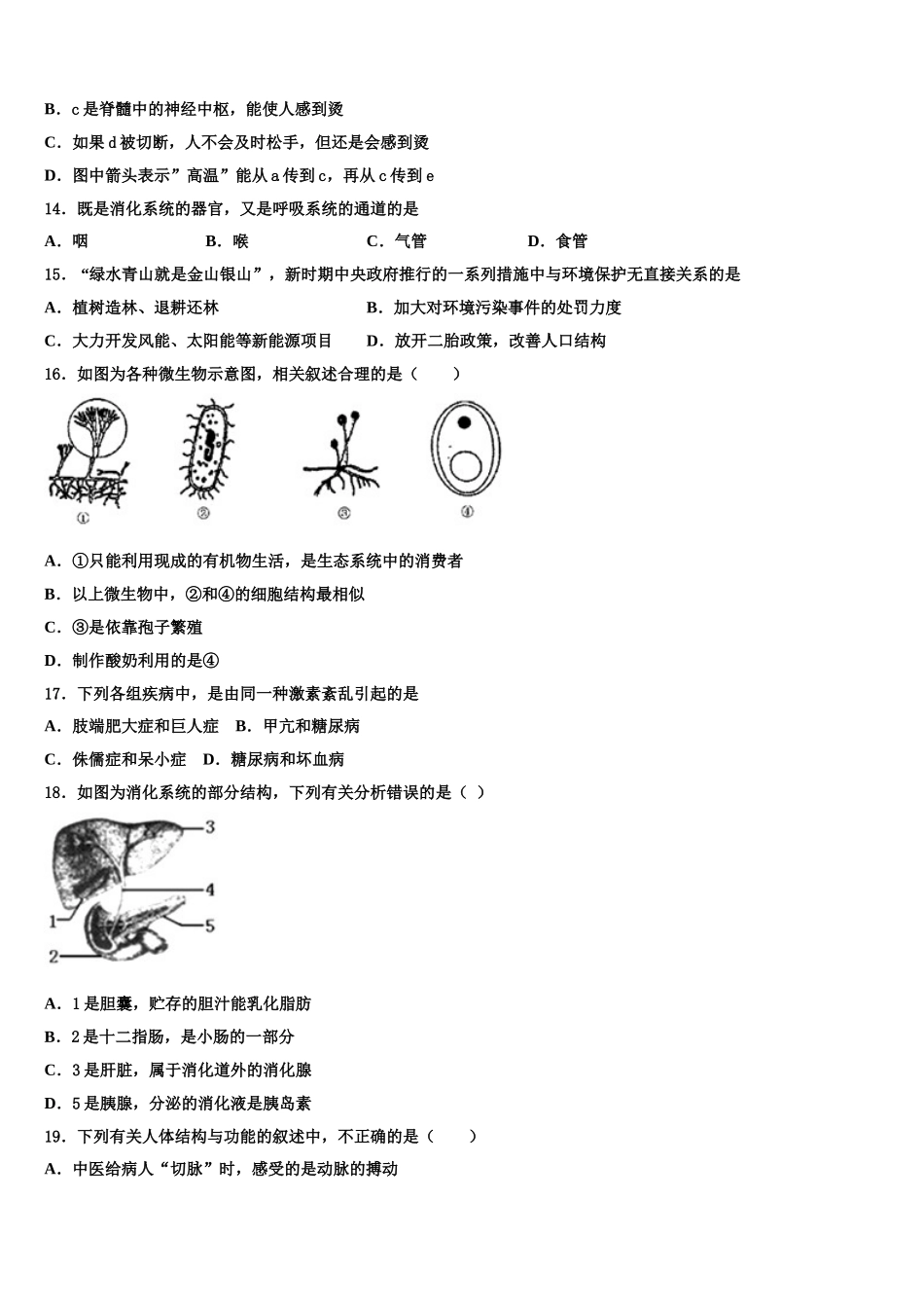 湖北省枣阳市鹿头镇初级中学2024-2025学年七下生物期末预测试题含解析_第3页