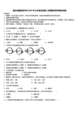 湖北省襄阳四中学2025年七年级生物第二学期期末联考模拟试题含解析