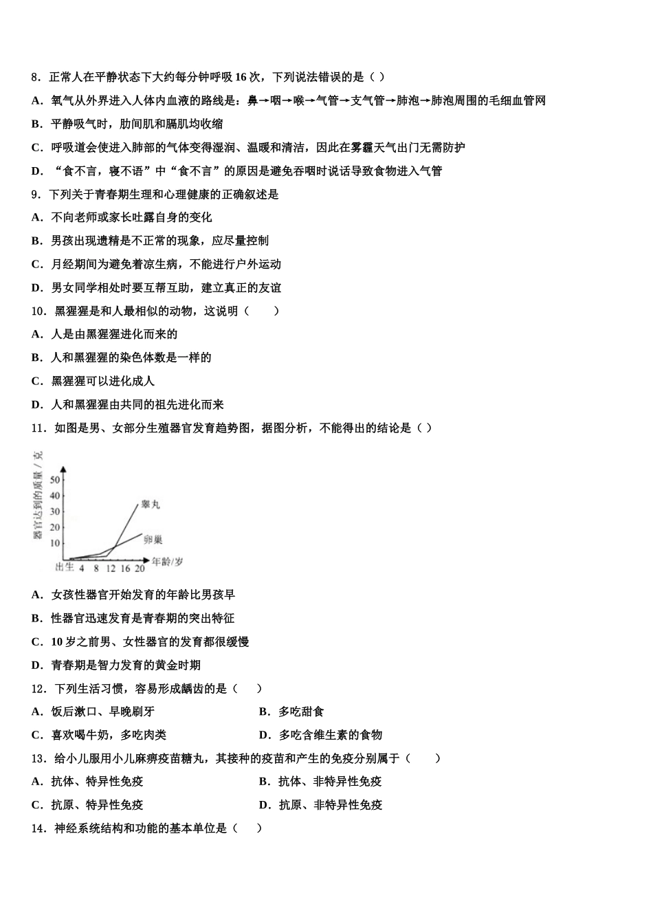 湖北省武汉市东湖高新区2024-2025学年七下生物期末达标检测模拟试题含解析_第2页