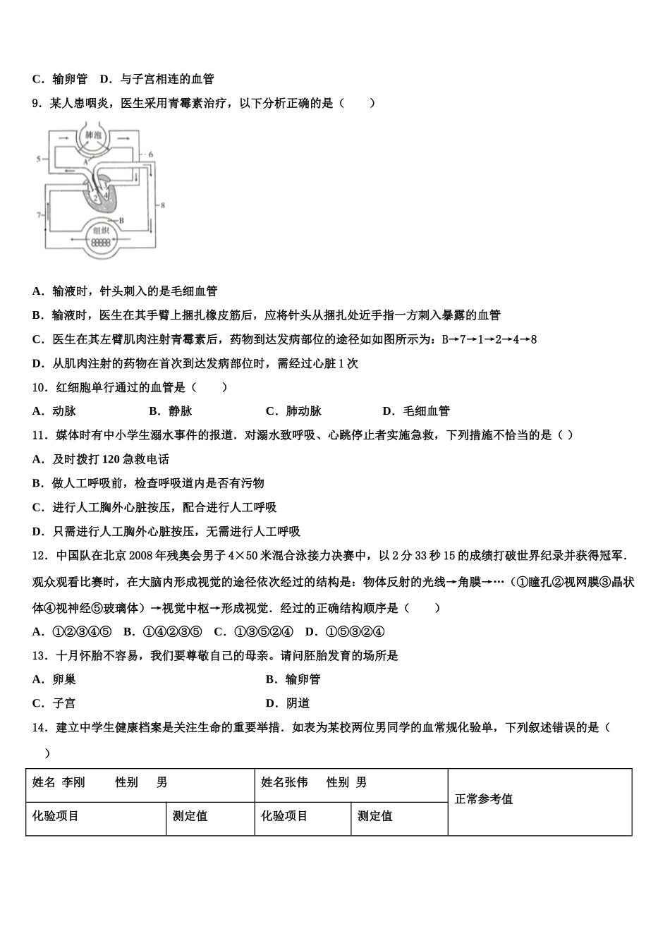 湖北省黄冈市麻城市2024-2025学年七下生物期末复习检测模拟试题含解析_第2页
