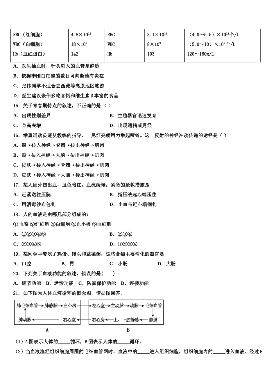湖北省黄冈市麻城市2024-2025学年七下生物期末复习检测模拟试题含解析_第3页