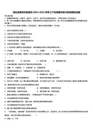 湖北省黄冈市麻城市2024-2025学年七下生物期末复习检测模拟试题含解析