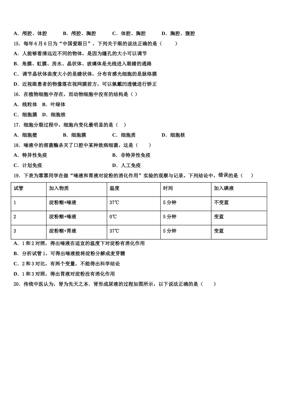 2024-2025学年湖北省黄石十四中学生物七下期末联考模拟试题含解析_第3页