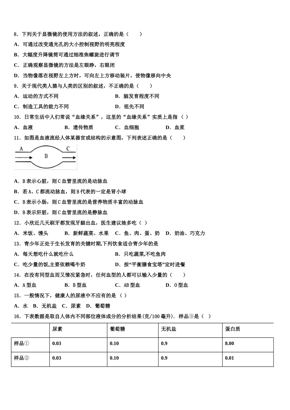 2024-2025学年湖北省恩施州巴东县七下生物期末教学质量检测试题含解析_第2页