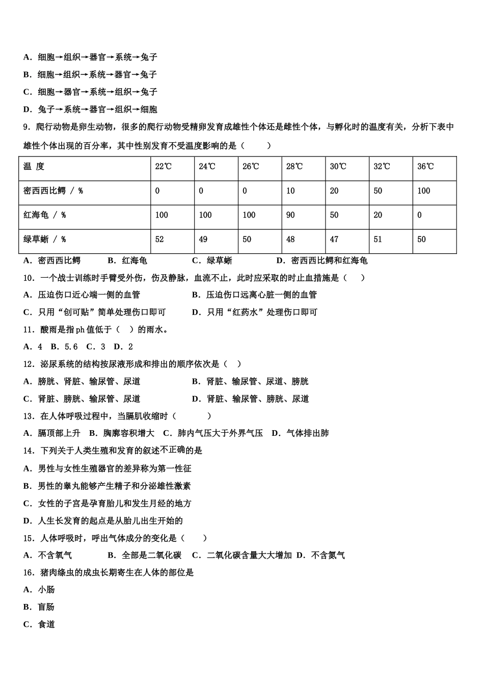 2025年湖北省荆州市监利县生物七下期末学业水平测试试题含解析_第2页