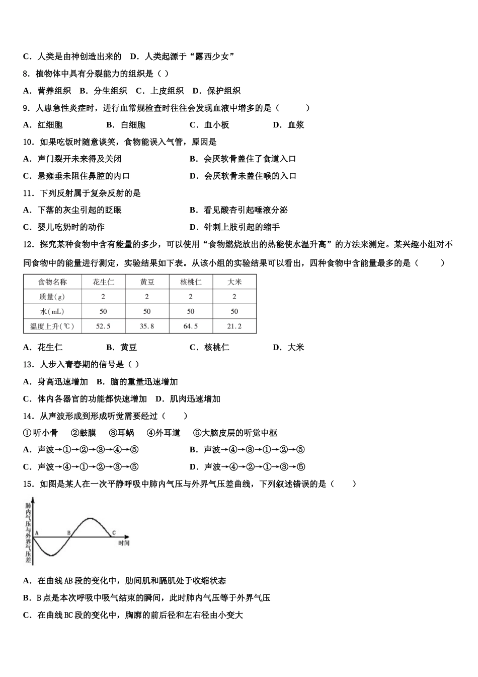 2025届湖北省襄阳市吴店镇清潭第一中学七年级生物第二学期期末学业水平测试模拟试题含解析_第2页