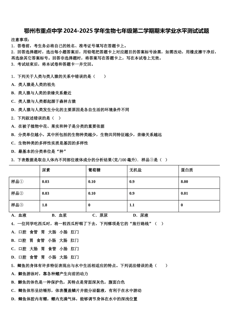 鄂州市重点中学2024-2025学年生物七年级第二学期期末学业水平测试试题含解析_第1页