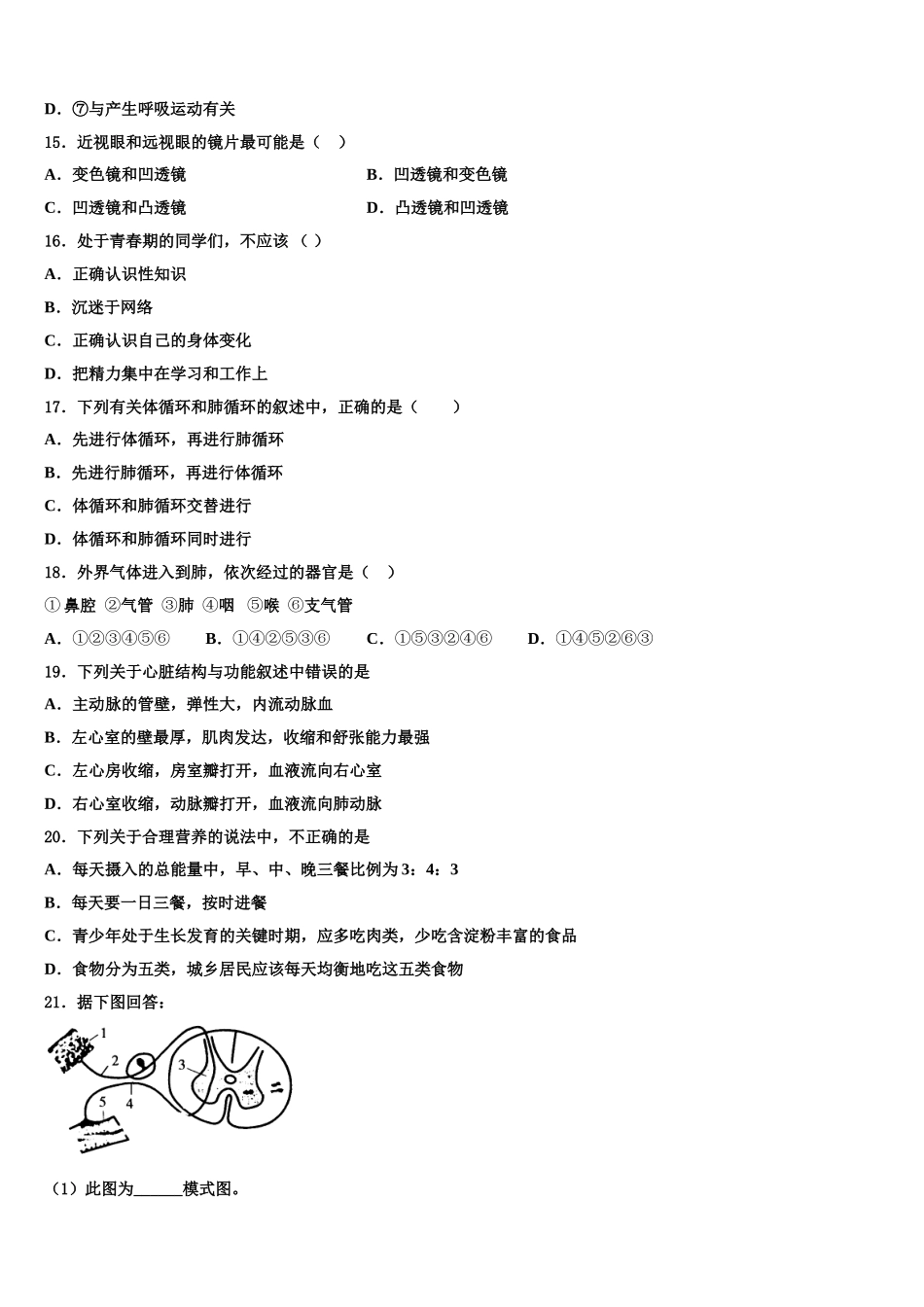 2024-2025学年湖北省麻城思源实验学校七下生物期末复习检测模拟试题含解析_第3页
