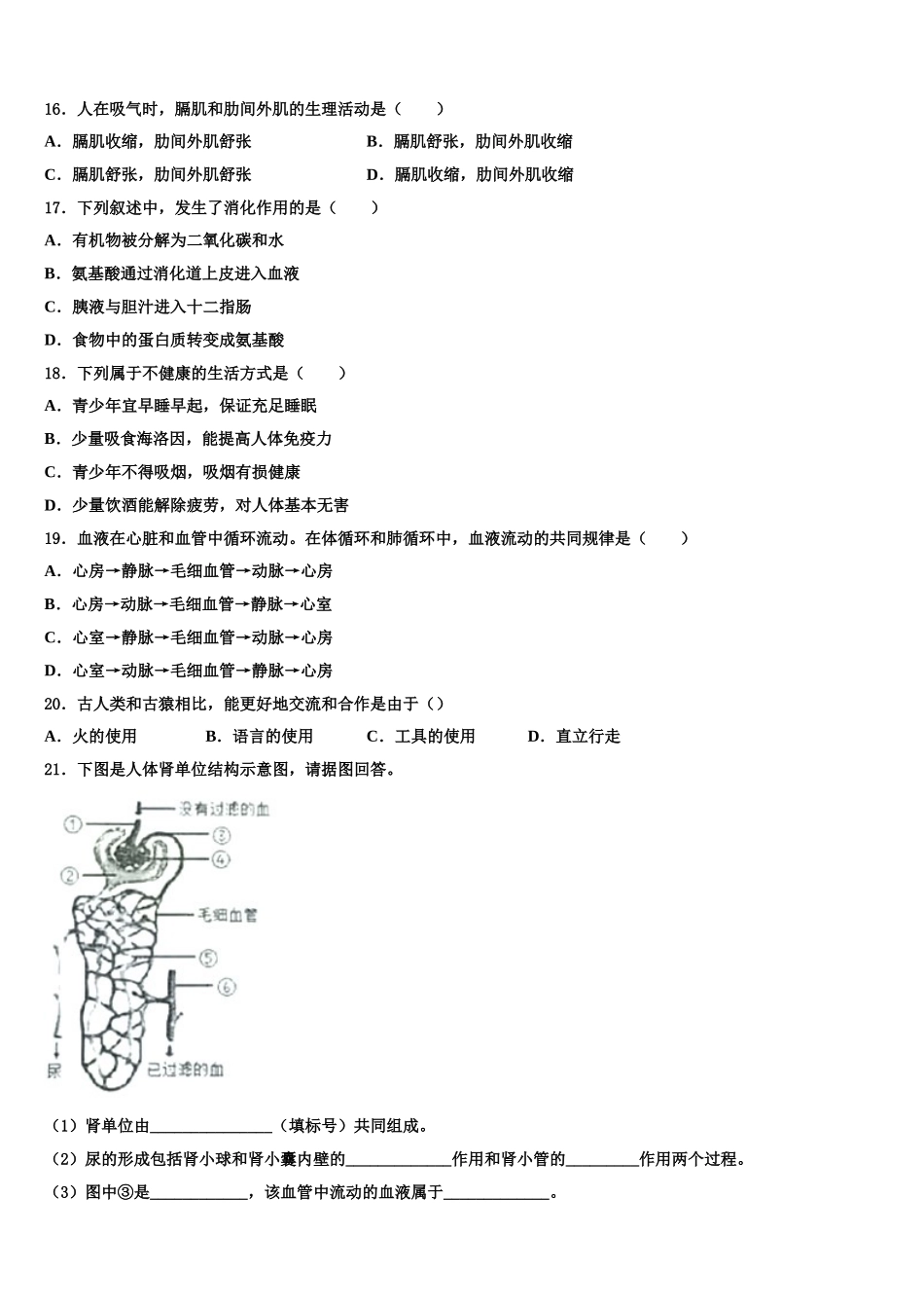 湖北省宜昌市点军区2025届生物七下期末教学质量检测模拟试题含解析_第3页