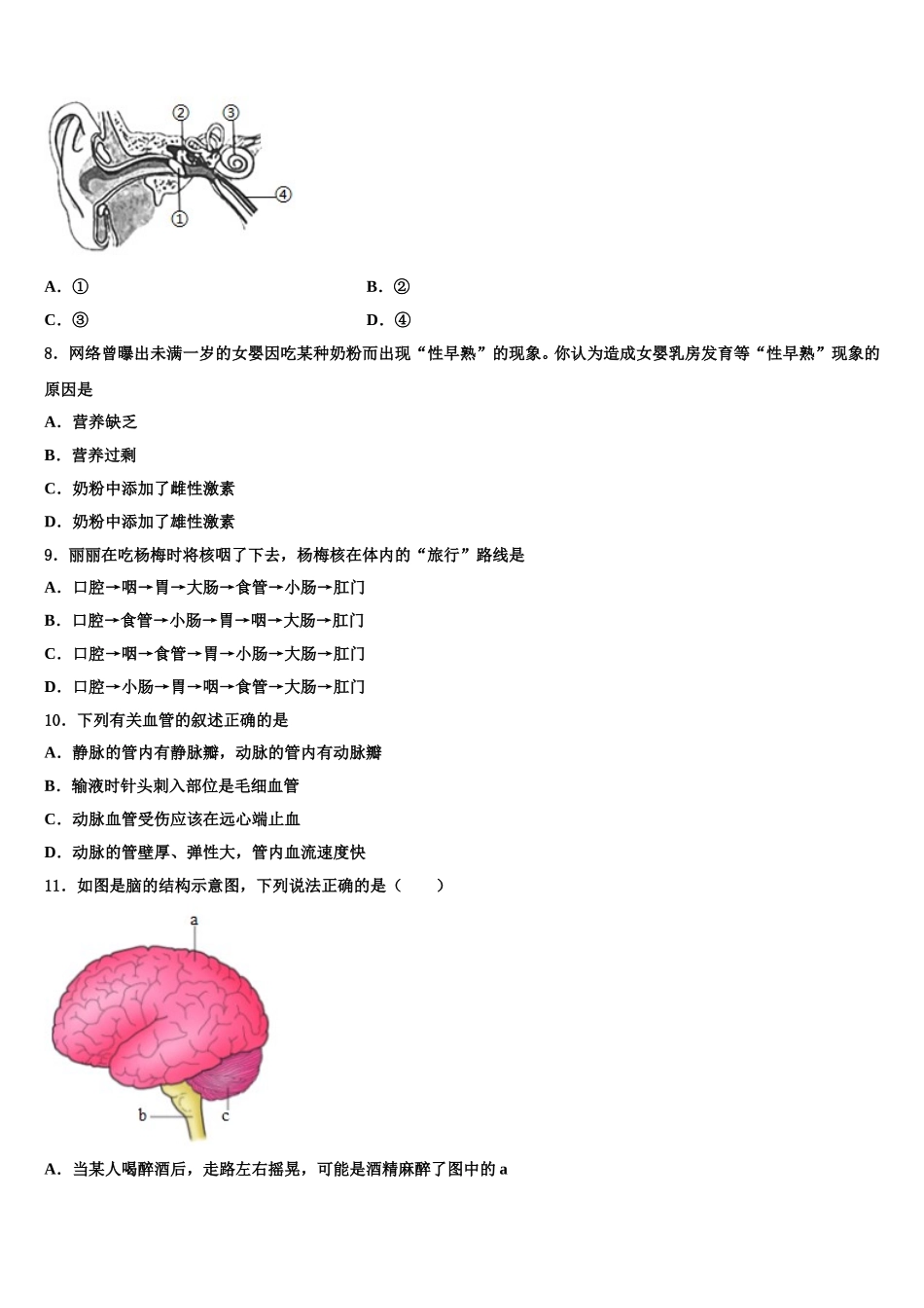 2024-2025学年湖北荆门生物七下期末综合测试试题含解析_第2页