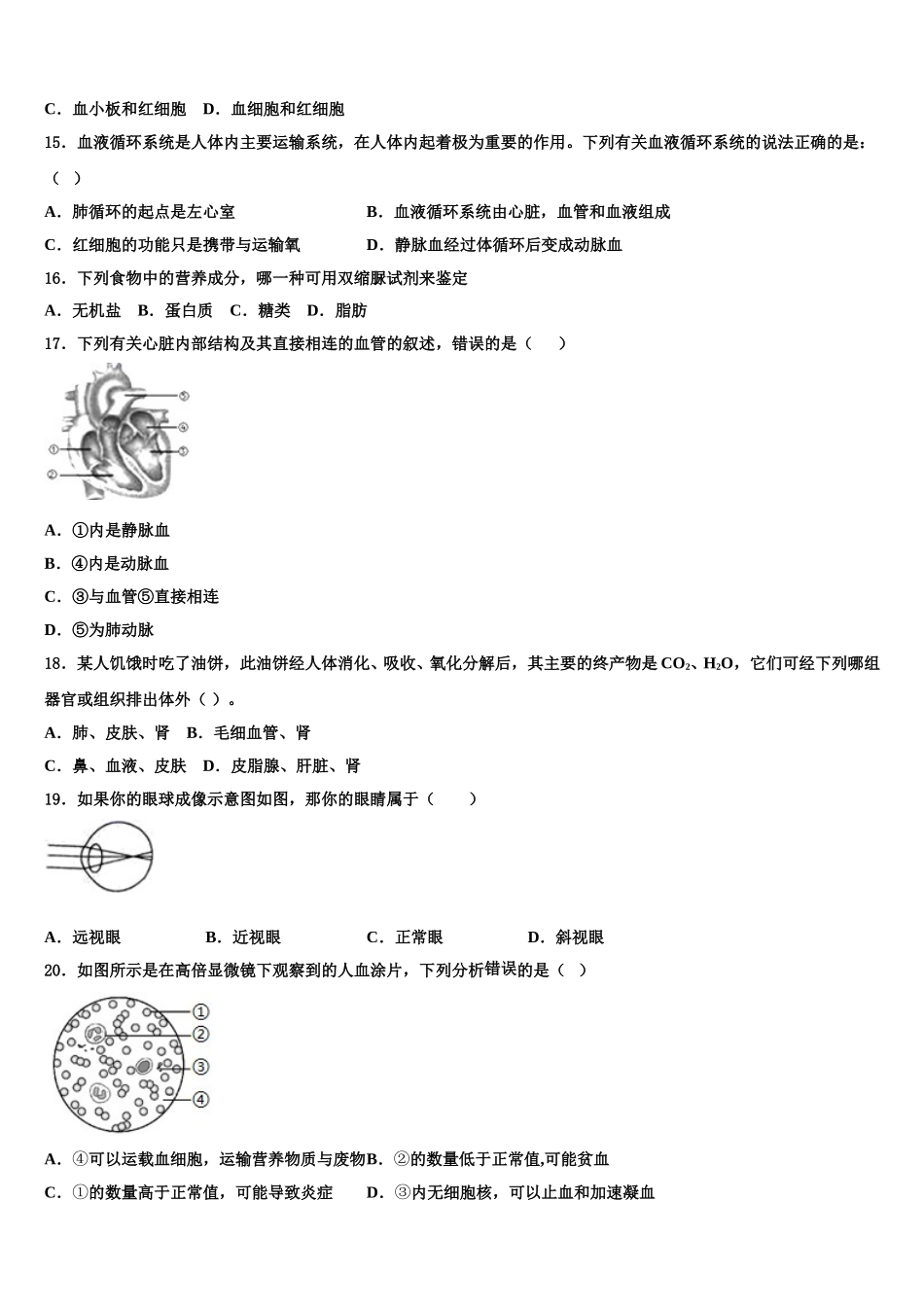 湖北省咸宁市赤壁市第一初级中学2024-2025学年七下生物期末联考模拟试题含解析_第3页