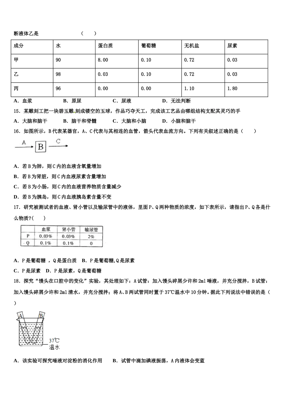 荆州市重点中学2025届生物七年级第二学期期末统考试题含解析_第3页