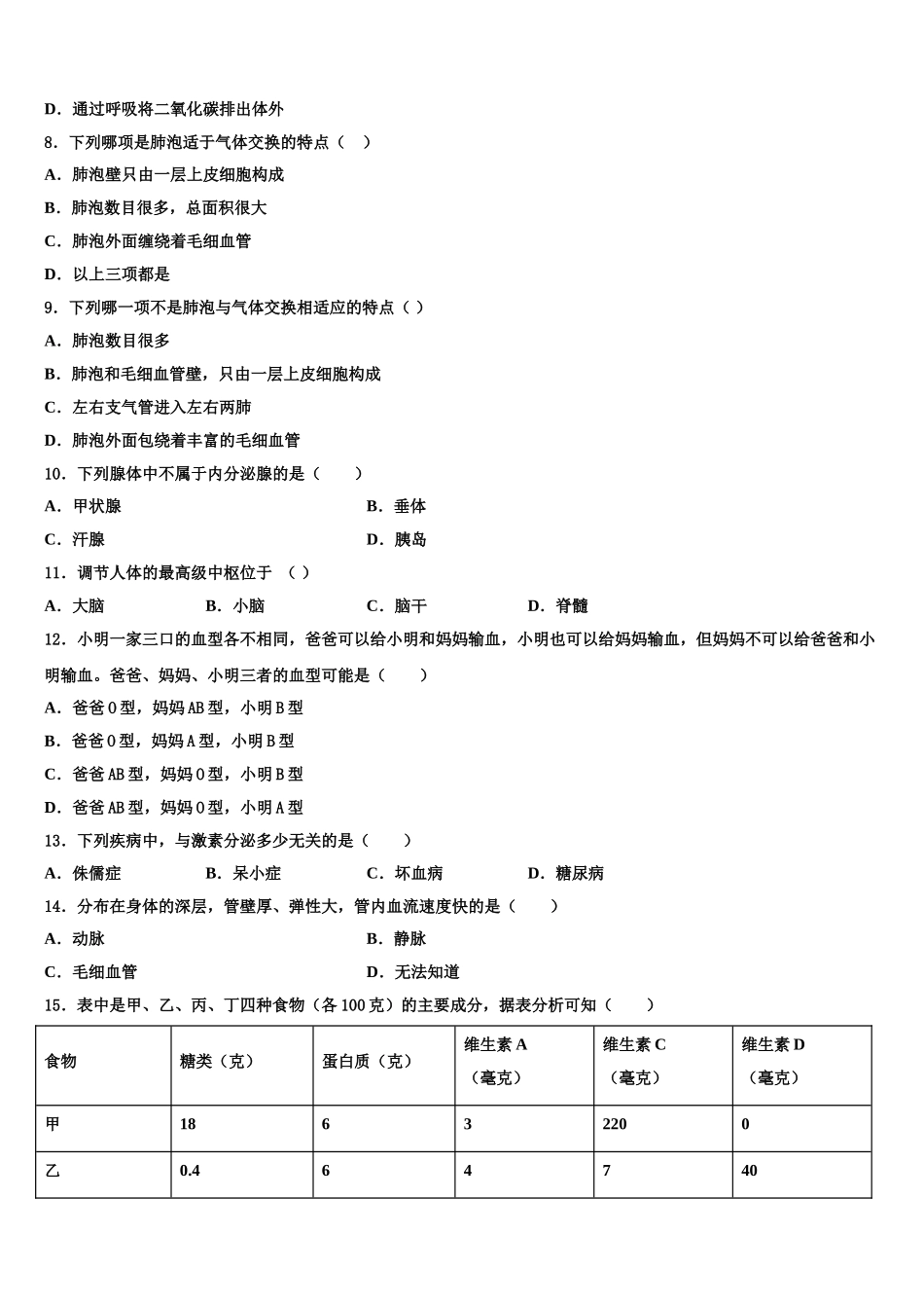 2024-2025学年湖北省宜昌市长阳县七下生物期末综合测试模拟试题含解析_第2页
