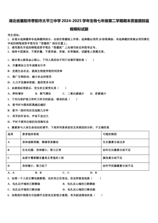 湖北省襄阳市枣阳市太平三中学2024-2025学年生物七年级第二学期期末质量跟踪监视模拟试题含解析