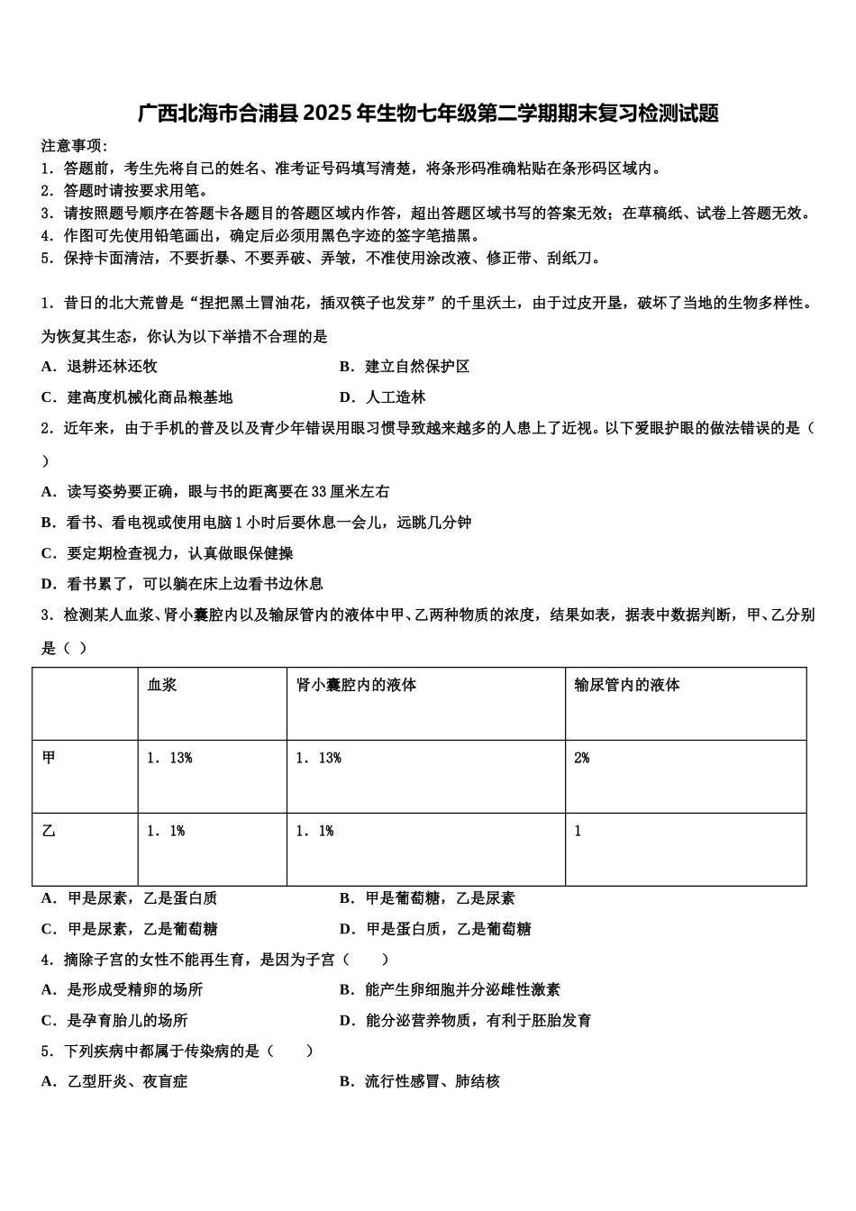 广西北海市合浦县2025年生物七年级第二学期期末复习检测试题含解析_第1页