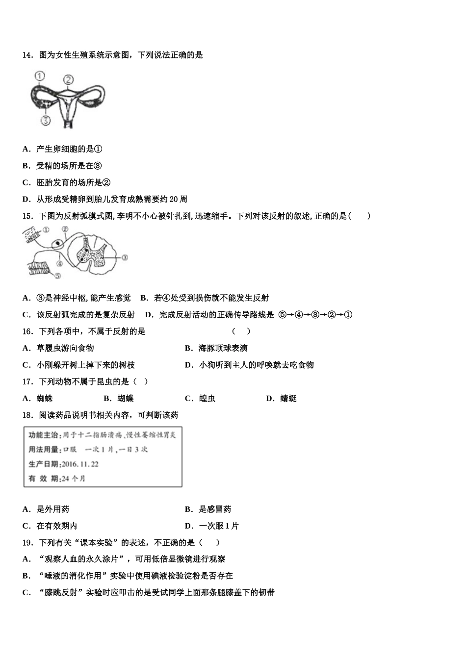广西玉林博白县2025届生物七下期末教学质量检测模拟试题含解析_第3页