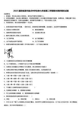 2025届防城港市重点中学生物七年级第二学期期末调研模拟试题含解析