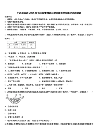广西来宾市2025年七年级生物第二学期期末学业水平测试试题含解析