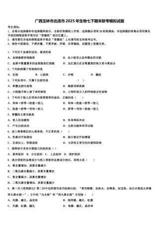 广西玉林市北流市2025年生物七下期末联考模拟试题含解析