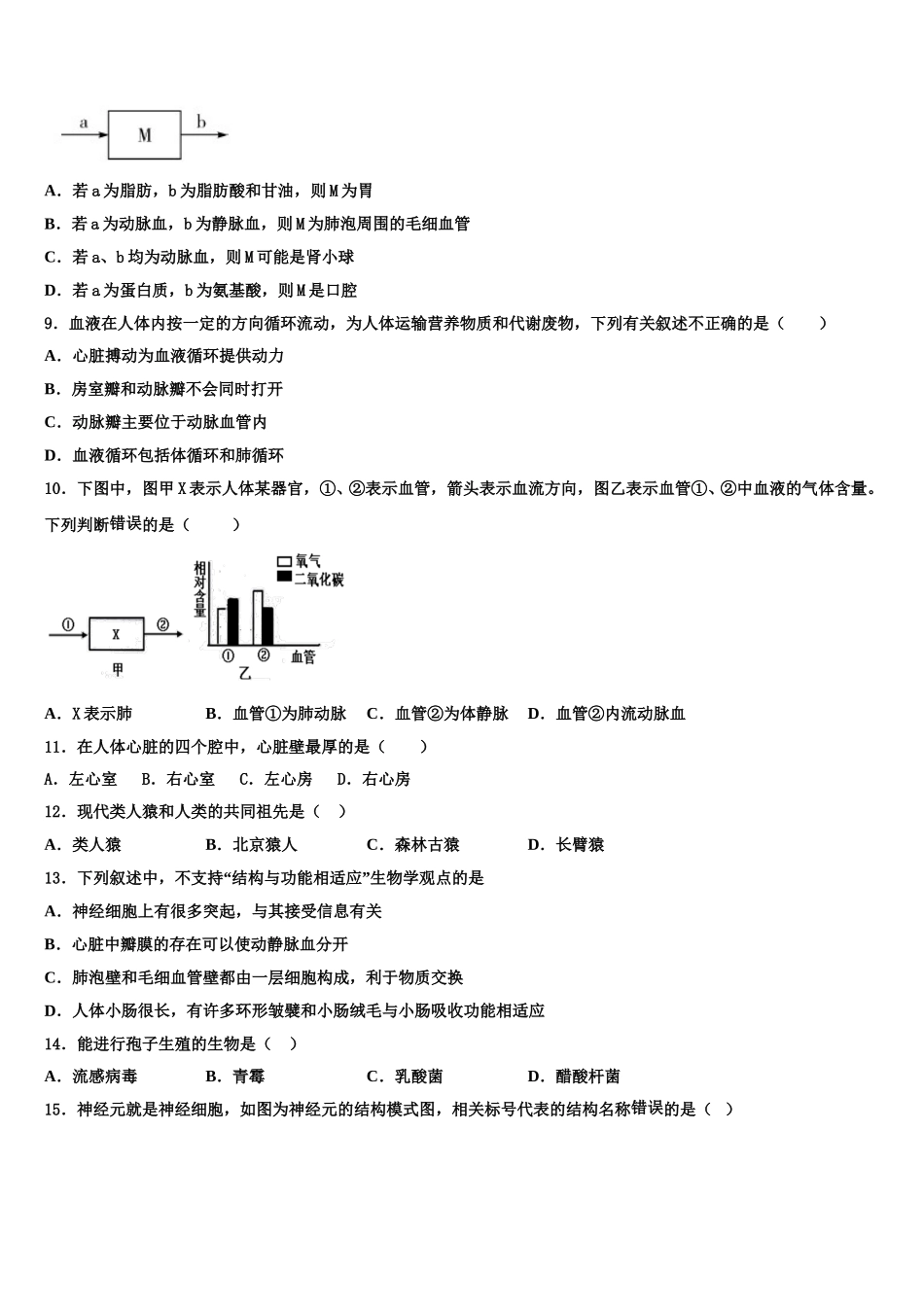 天津市滨海新区大港第十中学2024-2025学年生物七下期末教学质量检测试题含解析_第2页