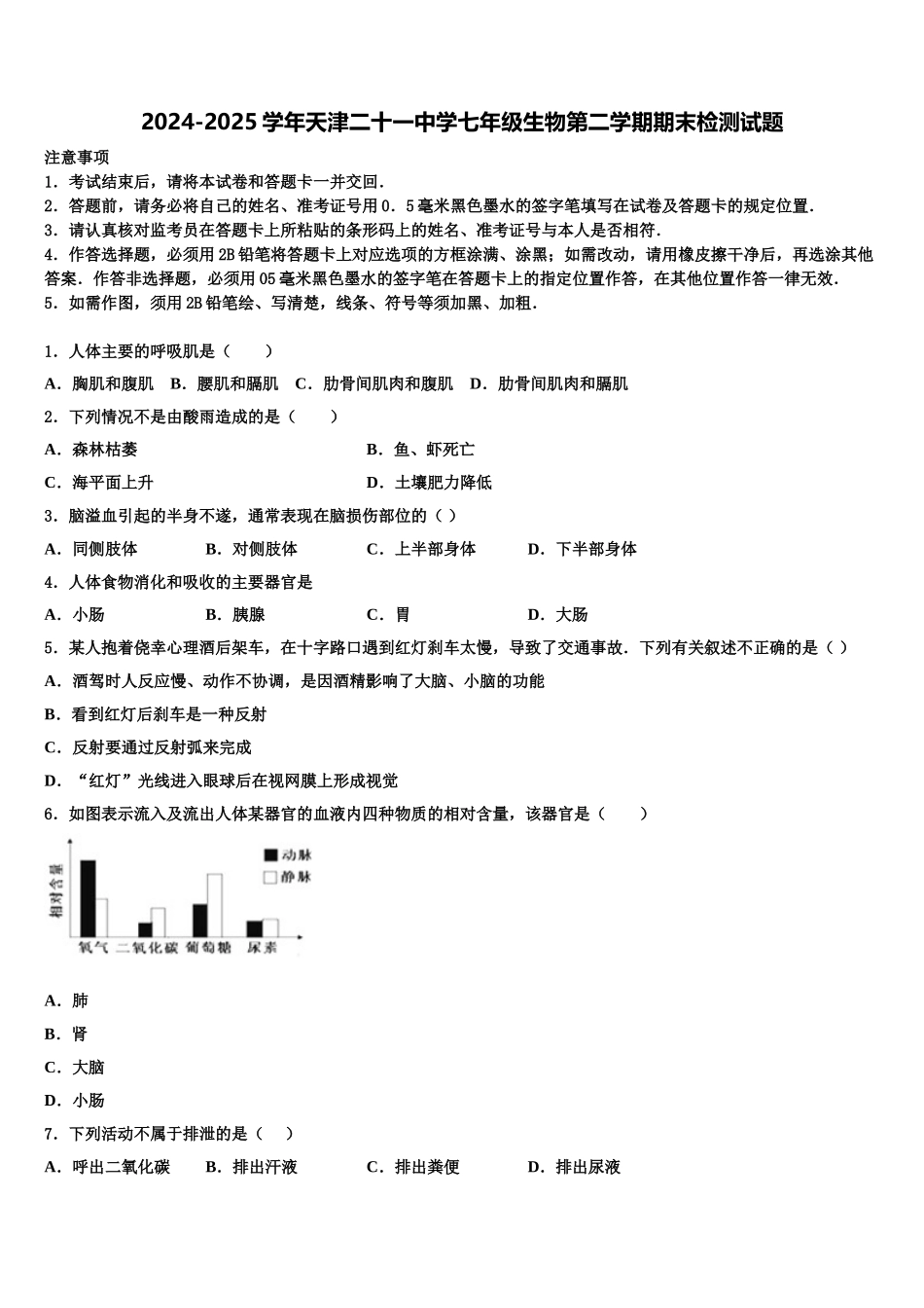 2024-2025学年天津二十一中学七年级生物第二学期期末检测试题含解析_第1页