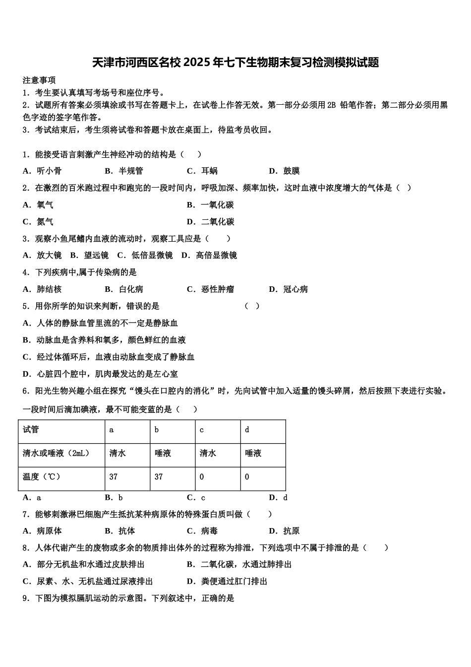 天津市河西区名校2025年七下生物期末复习检测模拟试题含解析_第1页