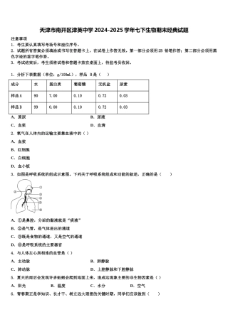 天津市南开区津英中学2024-2025学年七下生物期末经典试题含解析