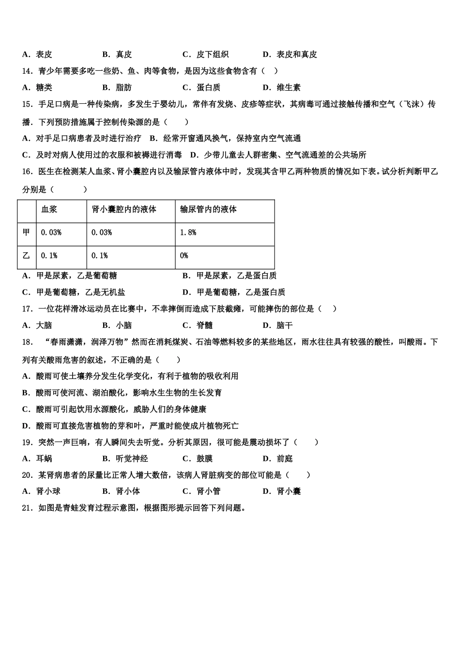2025届天津市育华实验中学七下生物期末学业质量监测试题含解析_第3页