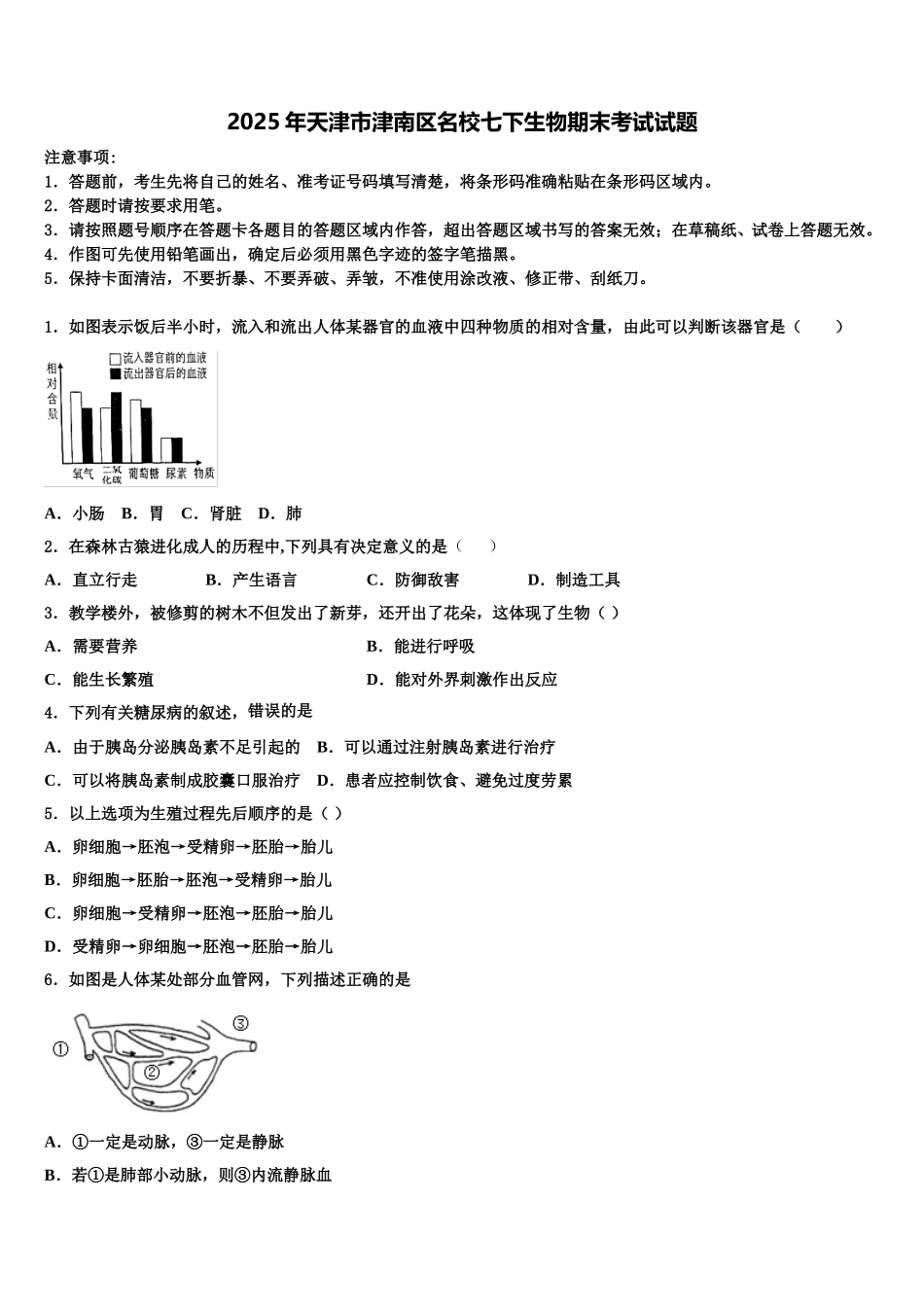 2025年天津市津南区名校七下生物期末考试试题含解析_第1页