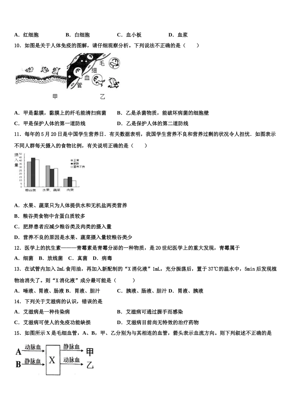 2025年北京顺义七年级生物第二学期期末教学质量检测模拟试题含解析_第2页