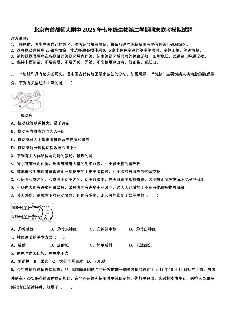 北京市首都师大附中2025年七年级生物第二学期期末联考模拟试题含解析_第1页