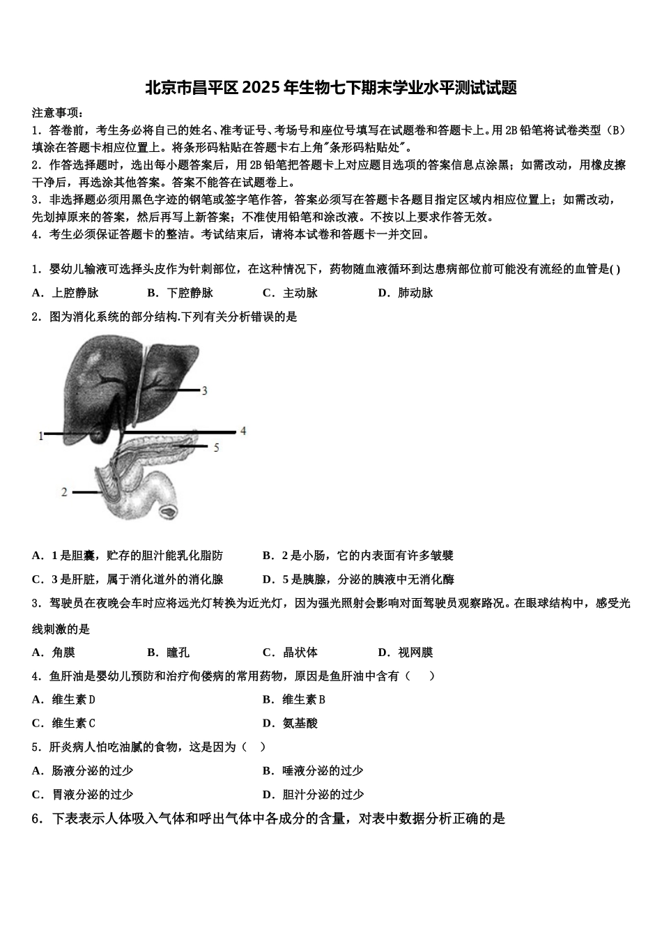 北京市昌平区2025年生物七下期末学业水平测试试题含解析_第1页