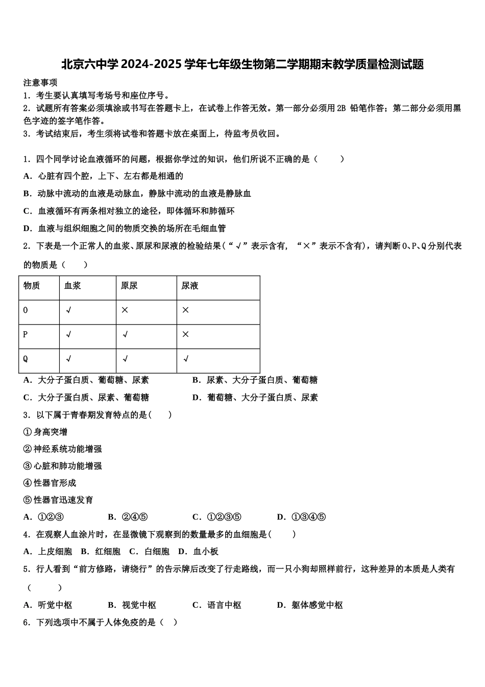 北京六中学2024-2025学年七年级生物第二学期期末教学质量检测试题含解析_第1页
