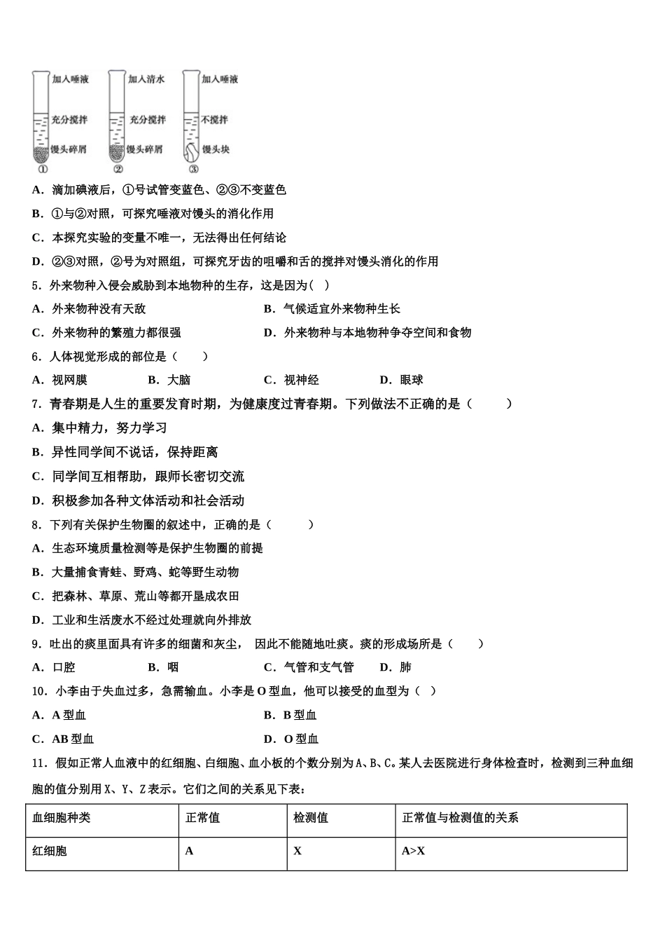 北京市第四中学2025届七年级生物第二学期期末检测模拟试题含解析_第2页