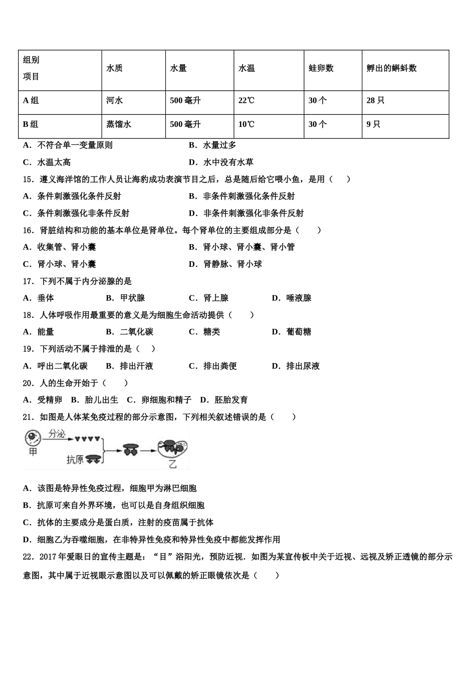 北京市海淀区师达中学2024-2025学年七年级生物第二学期期末学业水平测试模拟试题含解析_第3页