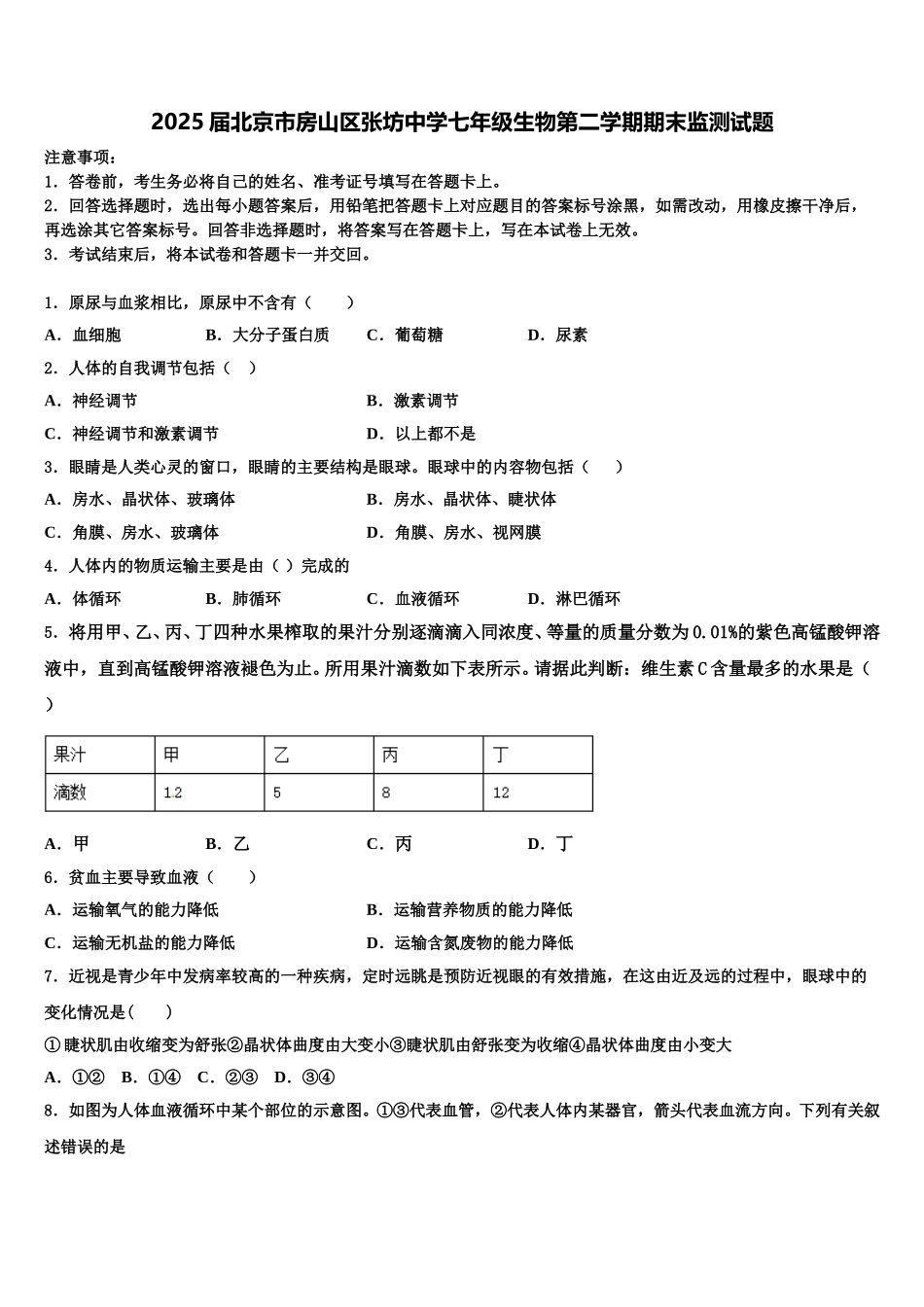 2025届北京市房山区张坊中学七年级生物第二学期期末监测试题含解析_第1页