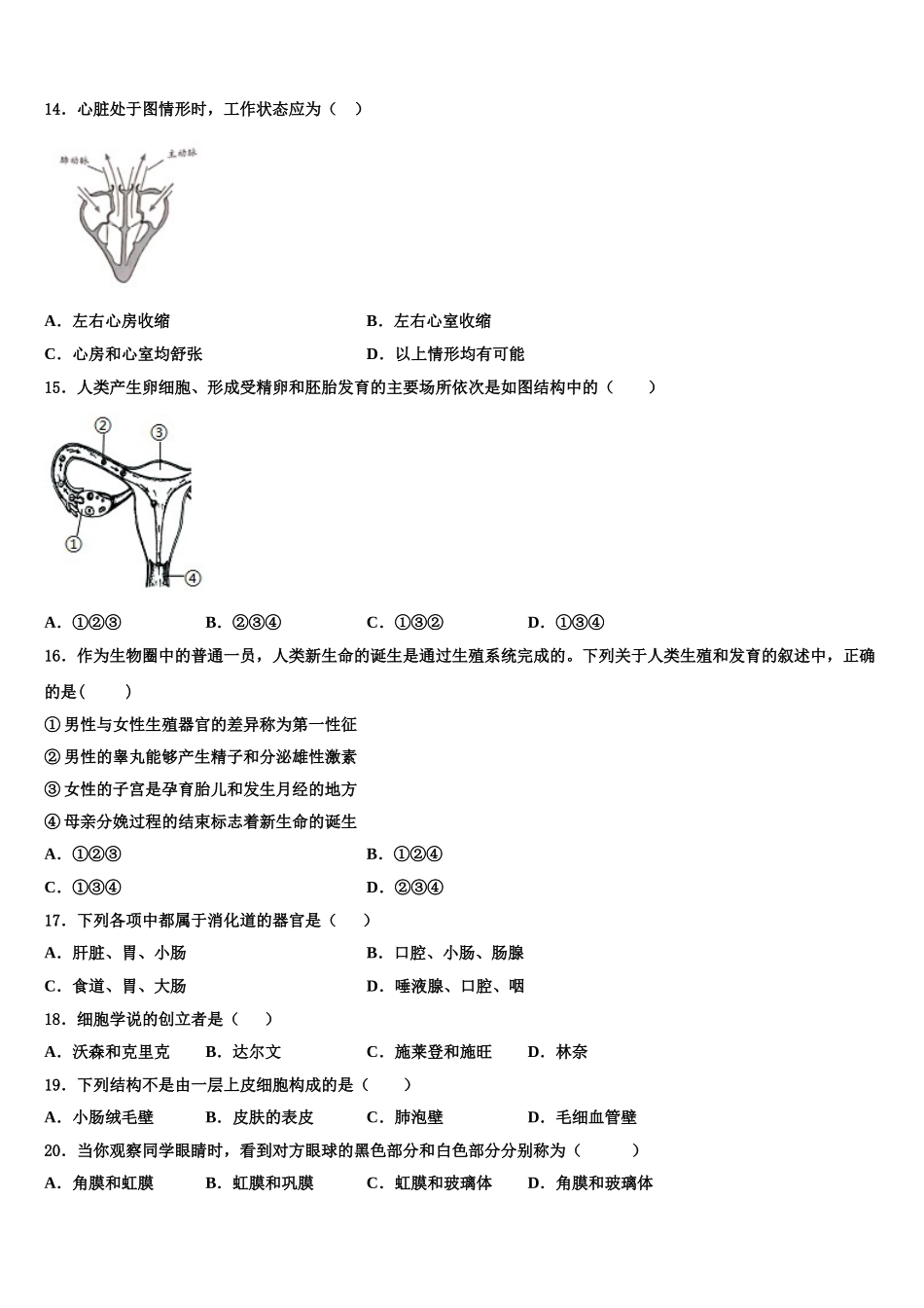 北京市大兴区大兴区北臧村中学2025年生物七年级第二学期期末达标检测试题含解析_第3页