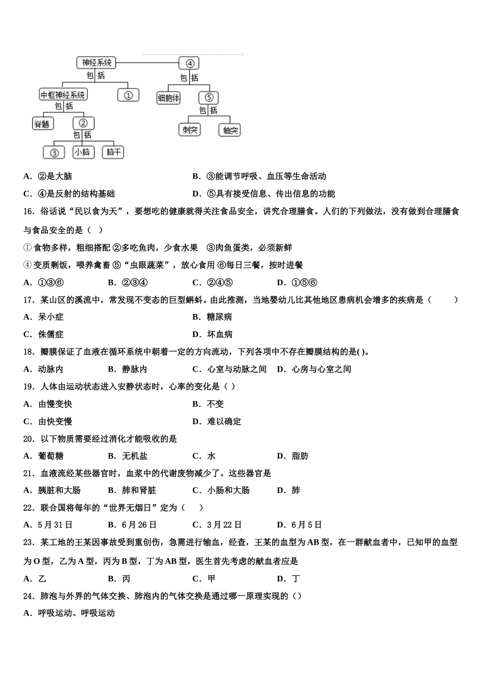 2024-2025学年福建省泉州市晋江市泉州五中学桥南校区七下生物期末检测模拟试题含解析_第3页