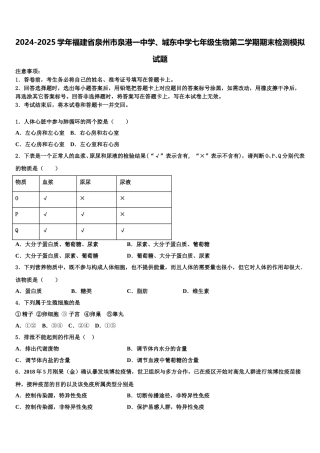 2024-2025学年福建省泉州市泉港一中学、城东中学七年级生物第二学期期末检测模拟试题含解析