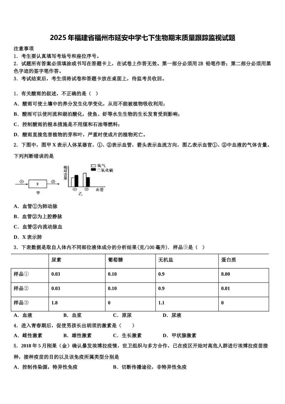 2025年福建省福州市延安中学七下生物期末质量跟踪监视试题含解析_第1页