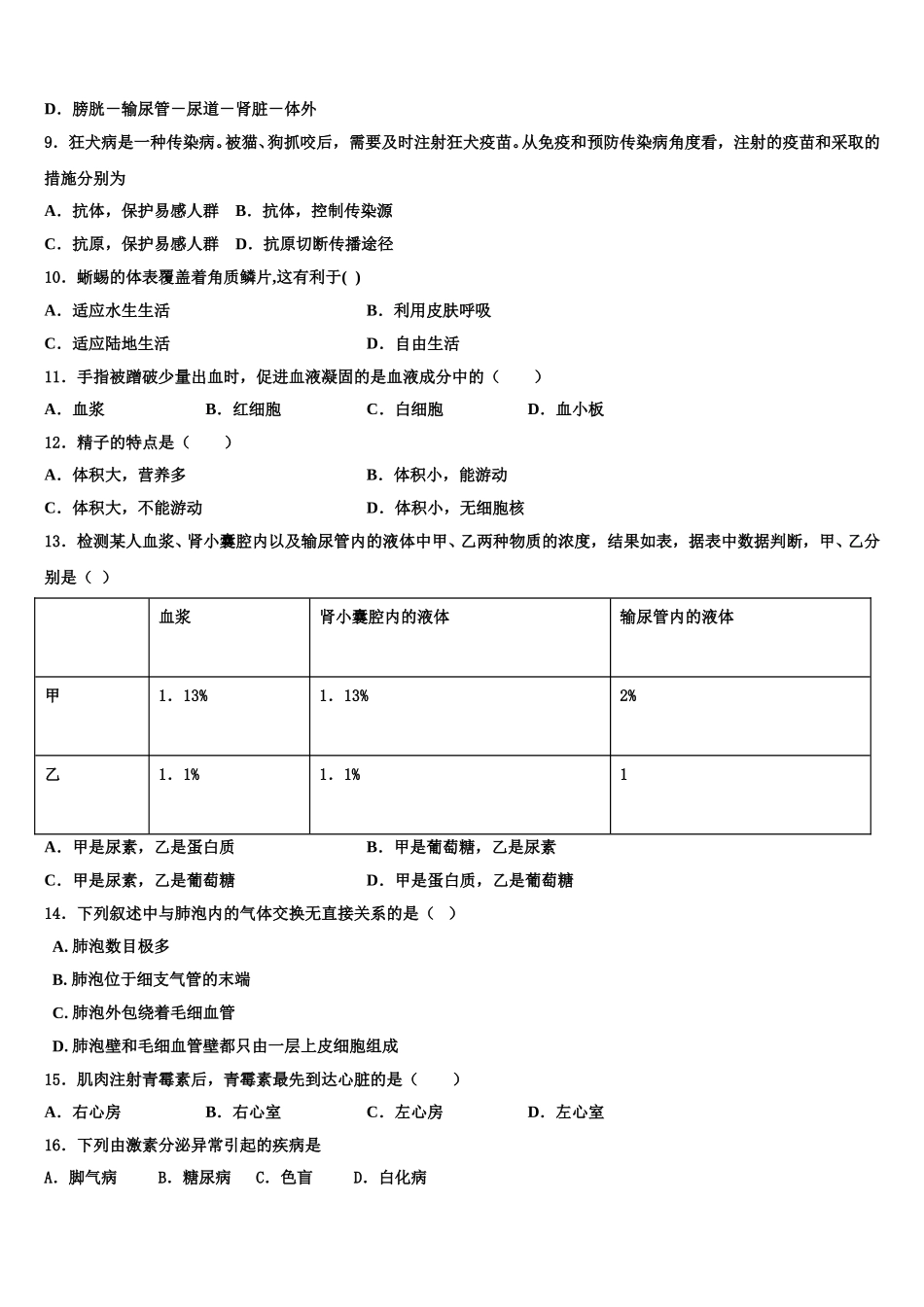 2025年福建省三明市梅列区七下生物期末考试试题含解析_第2页