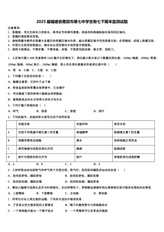 2025届福建省莆田市第七中学生物七下期末监测试题含解析