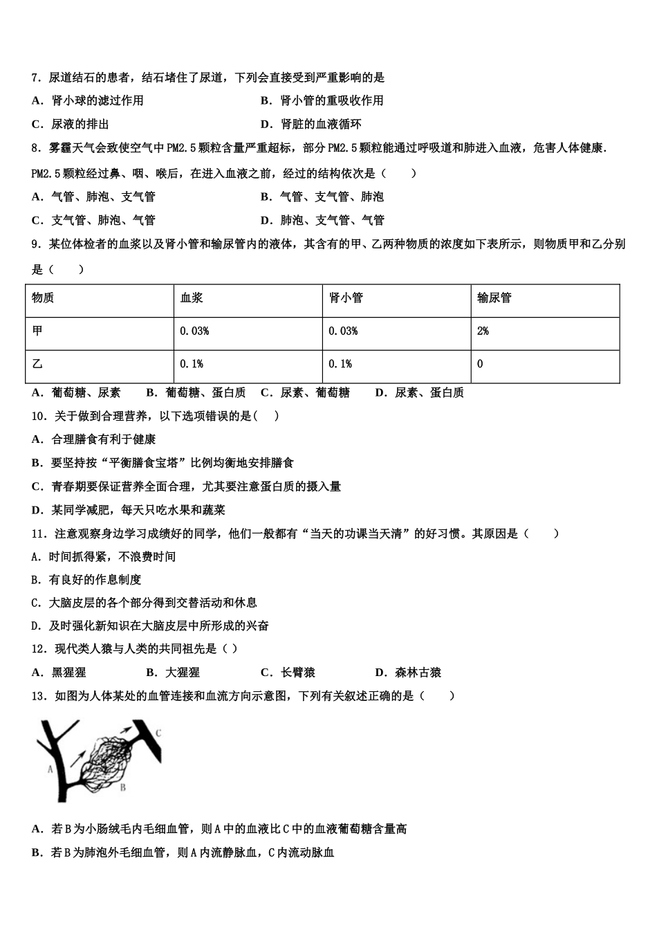 2025年福建省福州市屏东中学七下生物期末检测模拟试题含解析_第2页