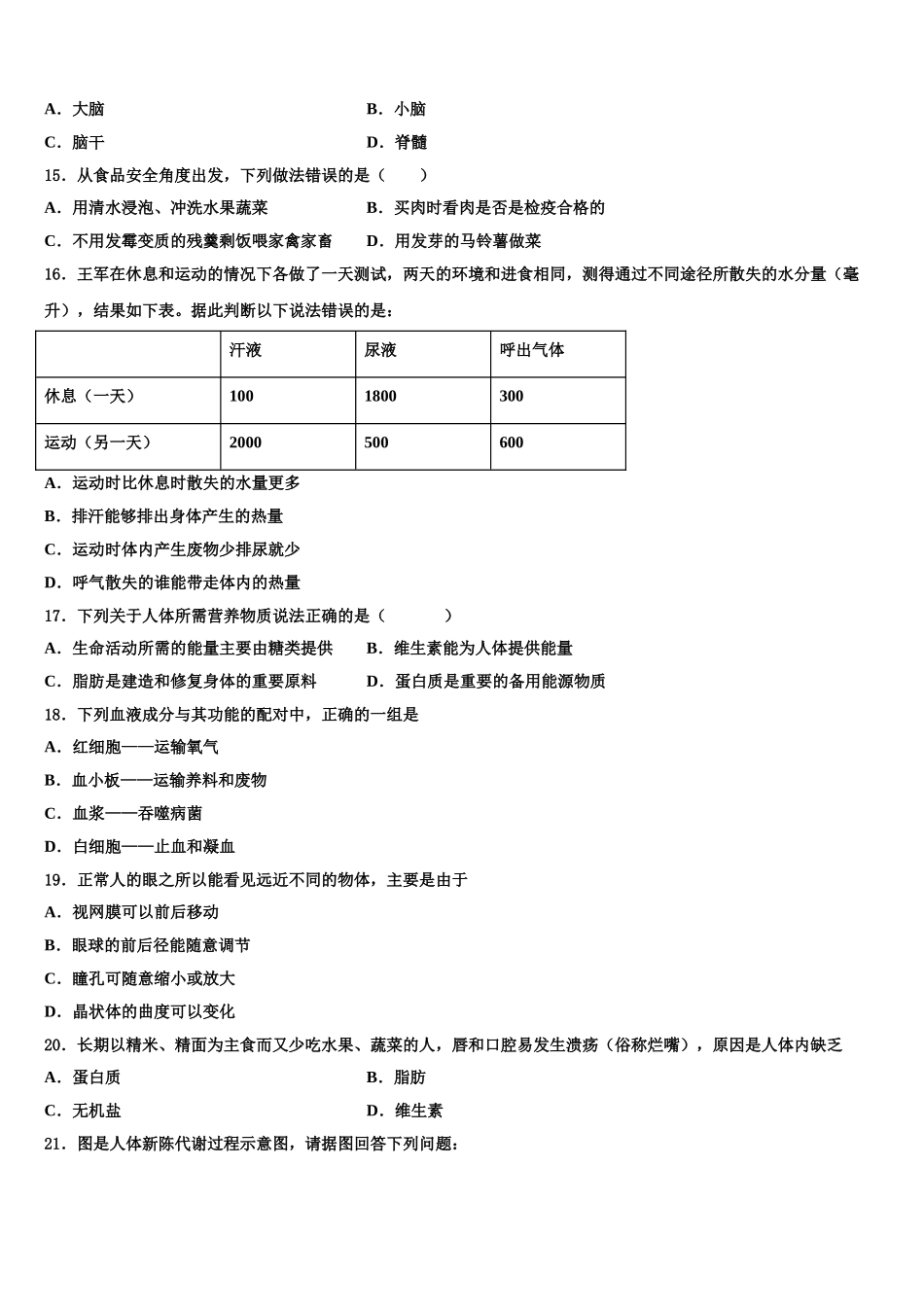 2025届福建省泉州实验中学七下生物期末检测模拟试题含解析_第3页
