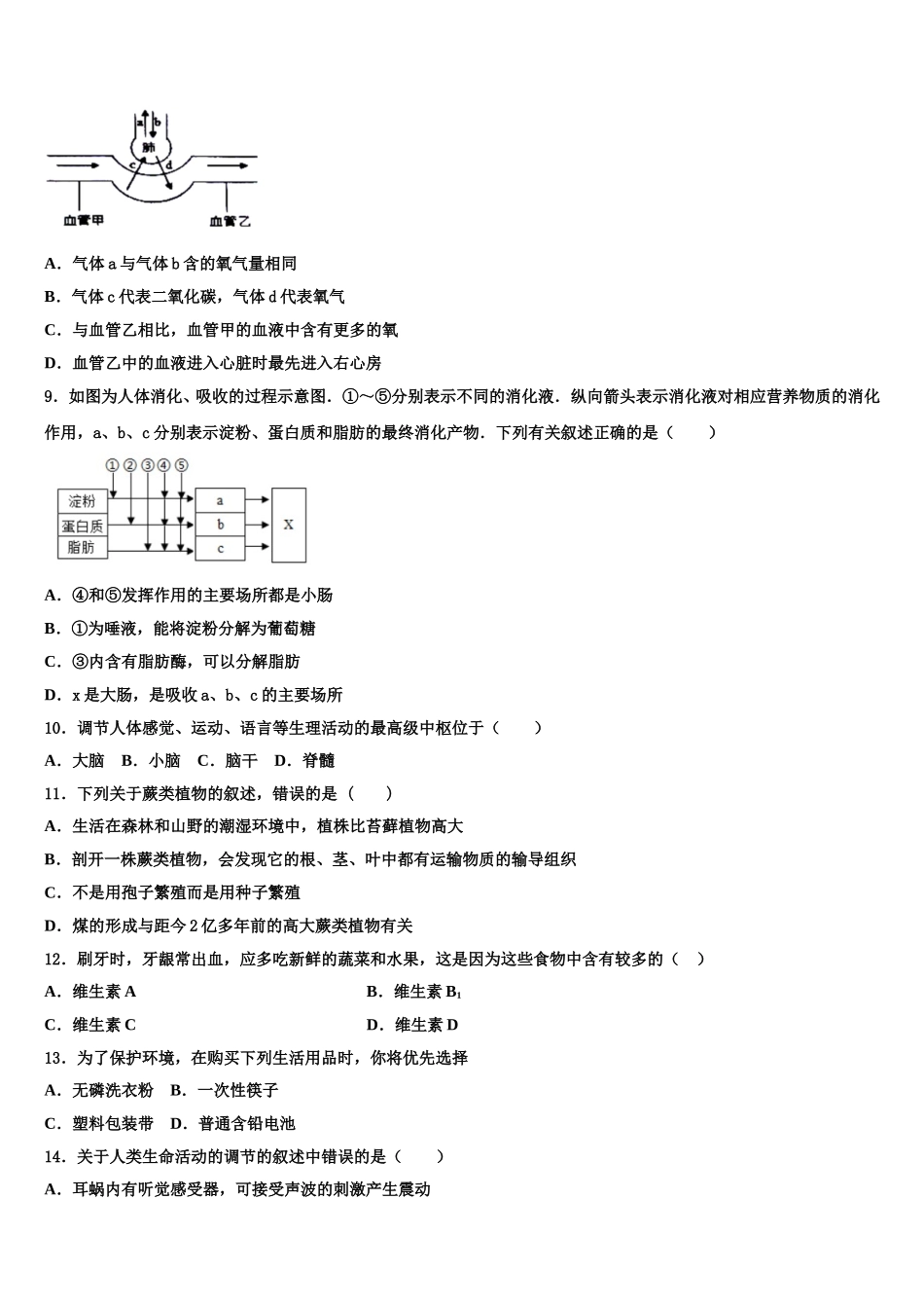 福建省漳州市名校2024-2025学年七年级生物第二学期期末学业水平测试试题含解析_第2页