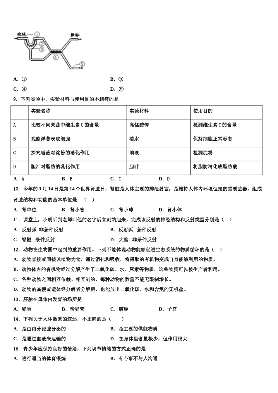 2025年福建省福州市六校联考七下生物期末检测试题含解析_第2页